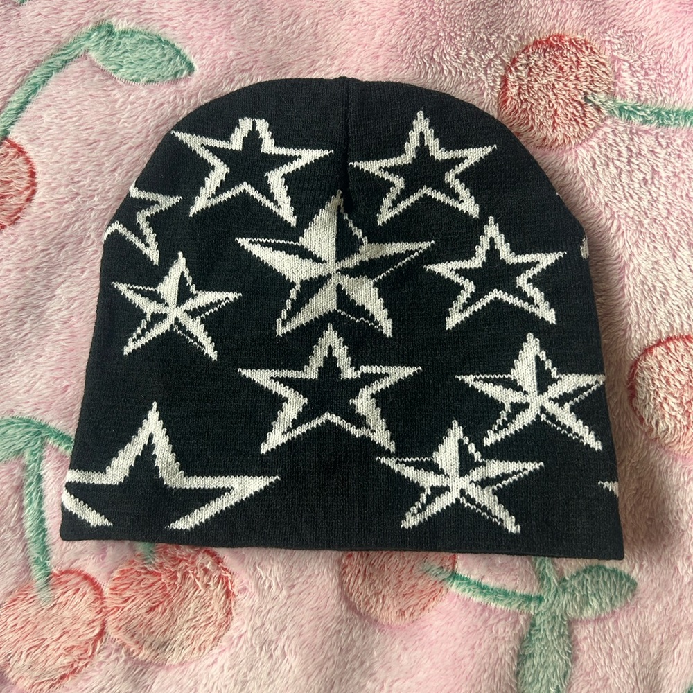 Star Patterned Black and White Womens Beanie